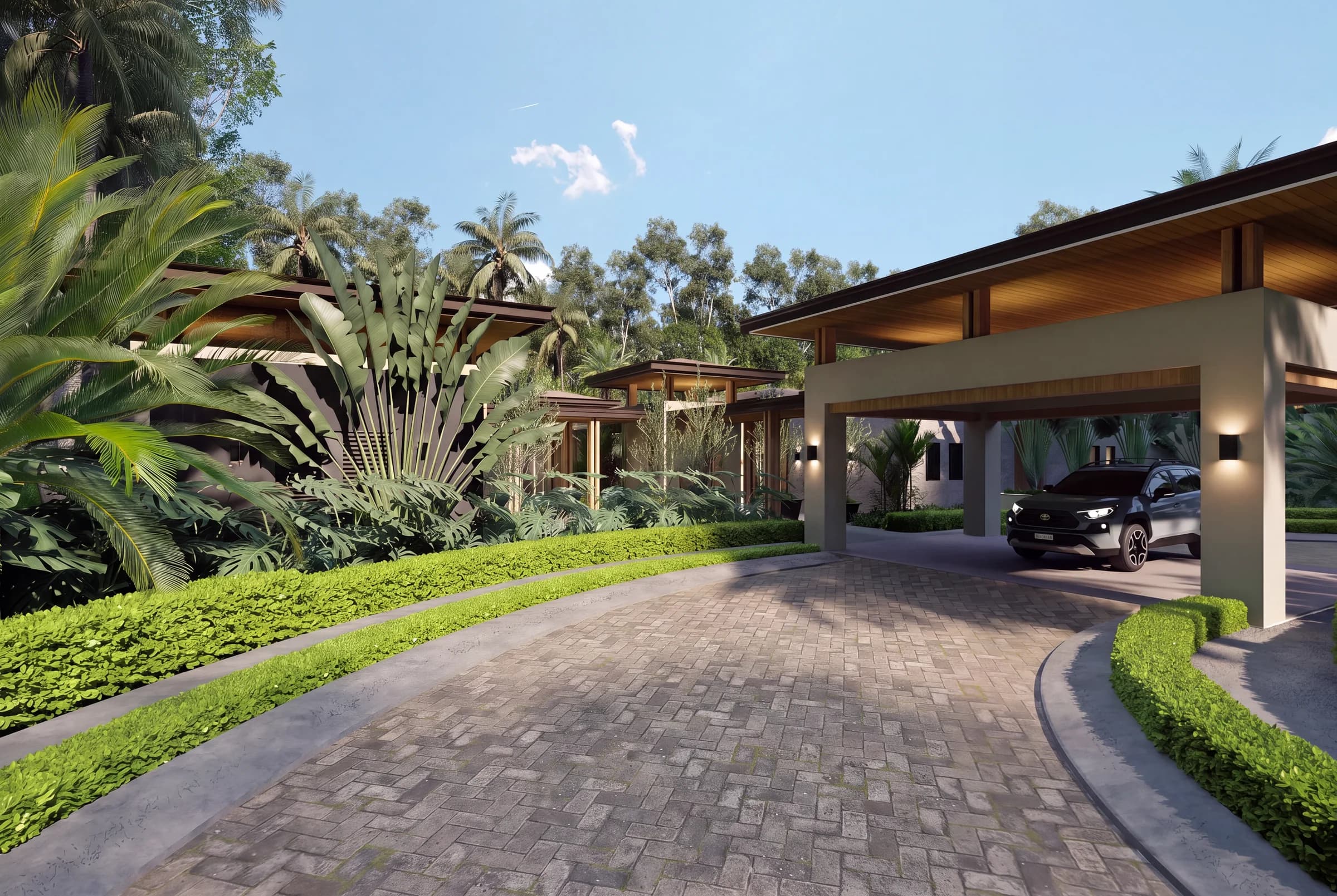 Architectural visualization of the arrival at Selva Grand House, part of the Sueños del Mar project developed by DIA S.A.